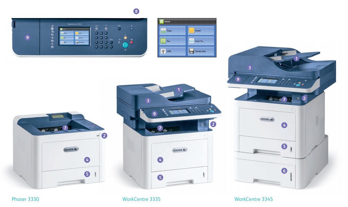 Монохромное МФУ Xerox WorkCentre 3335 и 3345 (Скорость печати моно A4, 33 и 40 стр/мин)